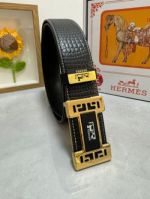 1:1  Hermes Black Leather Belt  with Gold"H" buckle Buckle with Hollow out Design3.8cm